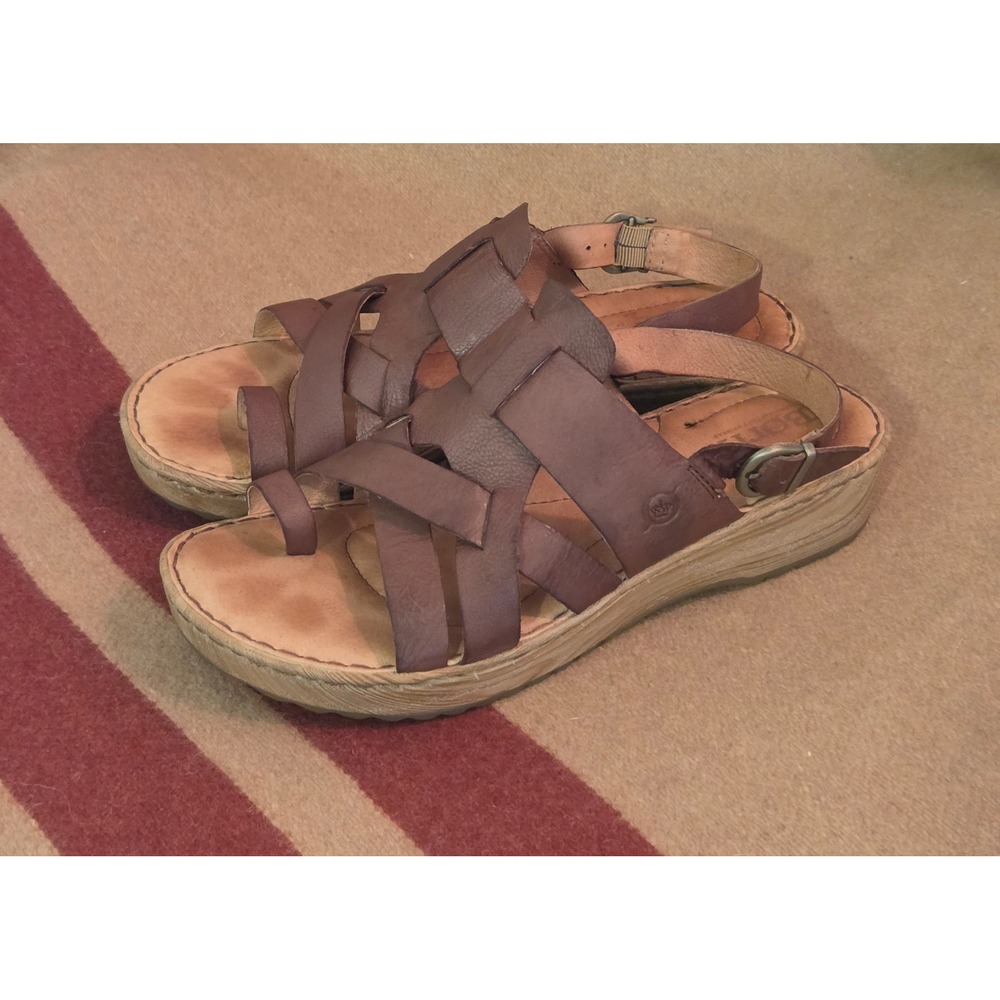 Born Brown Leather Platform Sandals Cork Wedge Strappy Toe Loop‎ Women's 7